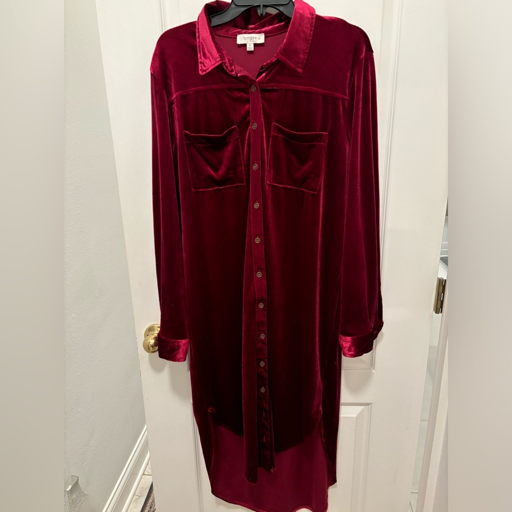 Umgee wine velvet high low button down dress